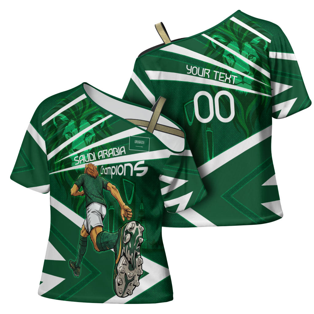 Personalized Saudi Arabia Football Cross Shoulder Shirt Green Lion Run of Champions