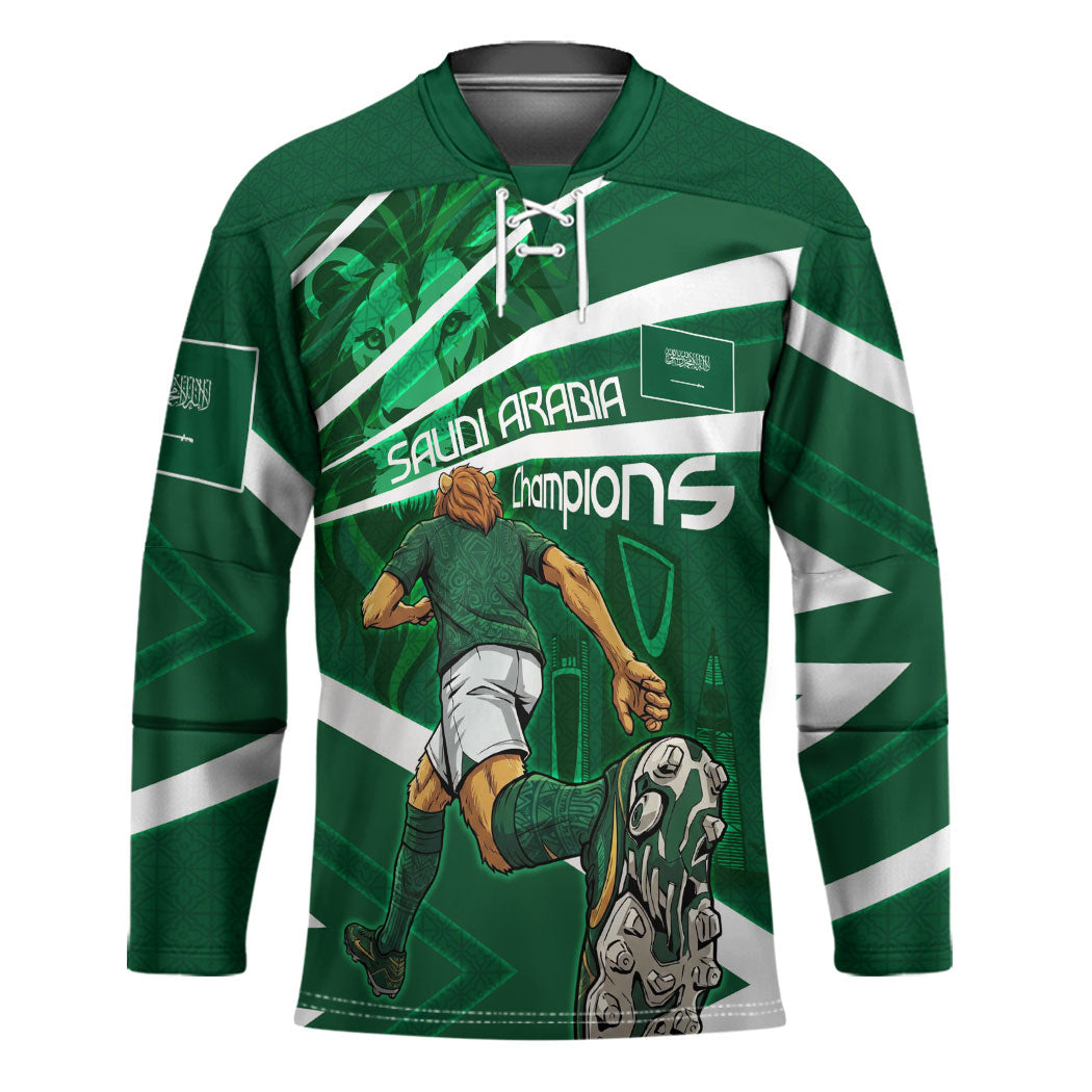 Personalized Saudi Arabia Football Hockey Jersey Green Lion Run of Champions