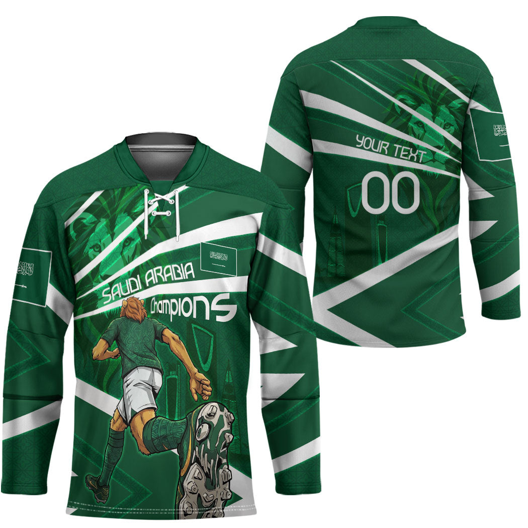 Personalized Saudi Arabia Football Hockey Jersey Green Lion Run of Champions