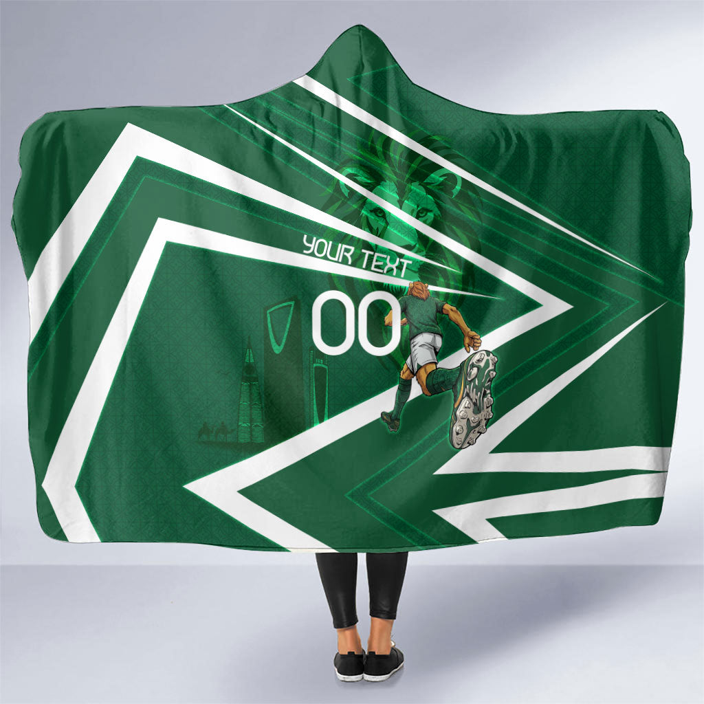 Personalized Saudi Arabia Football Hooded Blanket Green Lion Run of Champions