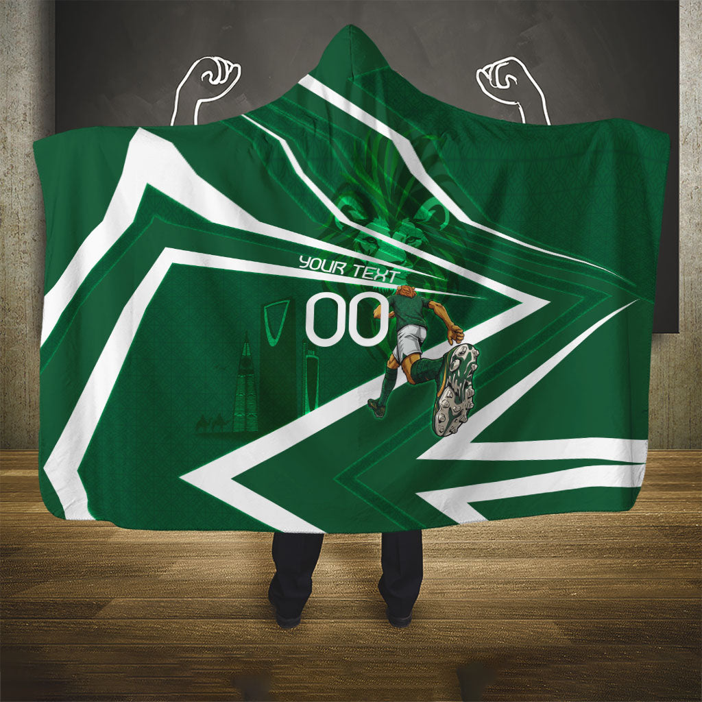 Personalized Saudi Arabia Football Hooded Blanket Green Lion Run of Champions