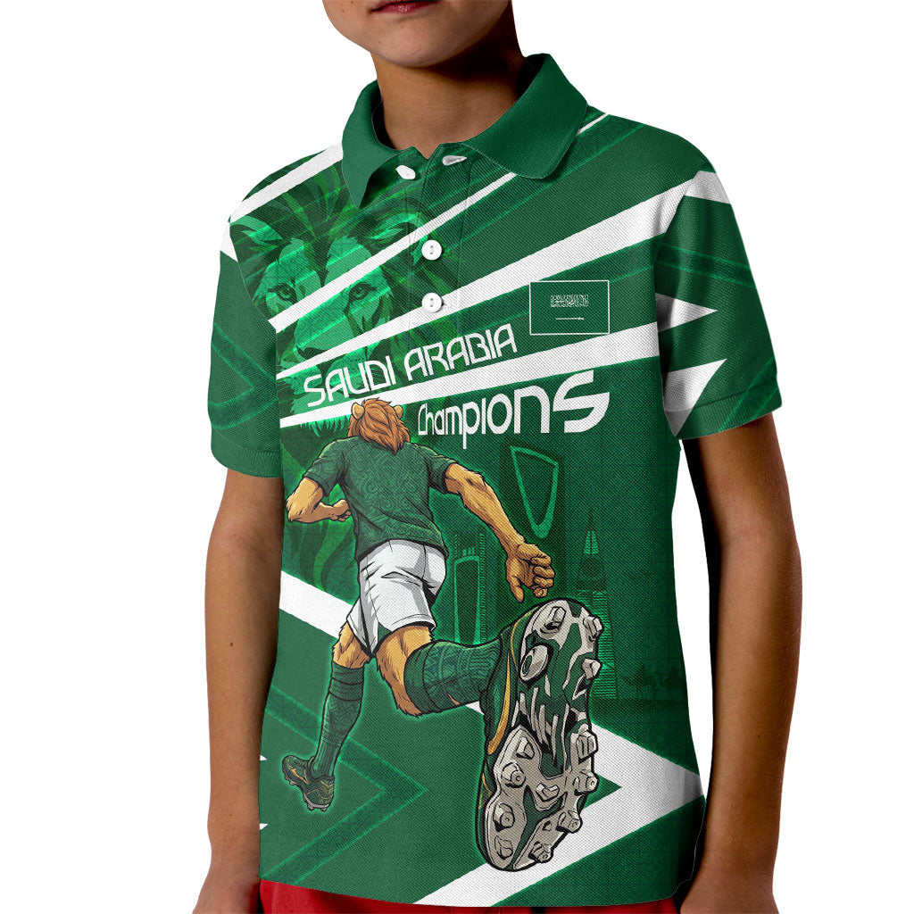 Personalized Saudi Arabia Football Kid Polo Shirt Green Lion Run of Champions