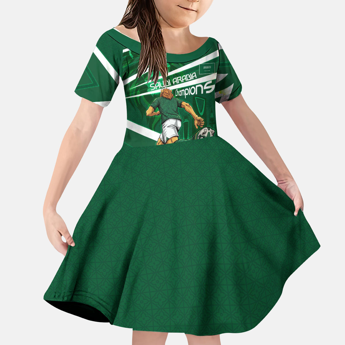 Personalized Saudi Arabia Football Kid Short Sleeve Dress Green Lion Run of Champions