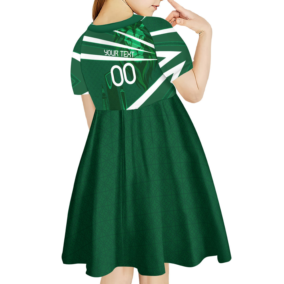 Personalized Saudi Arabia Football Kid Short Sleeve Dress Green Lion Run of Champions