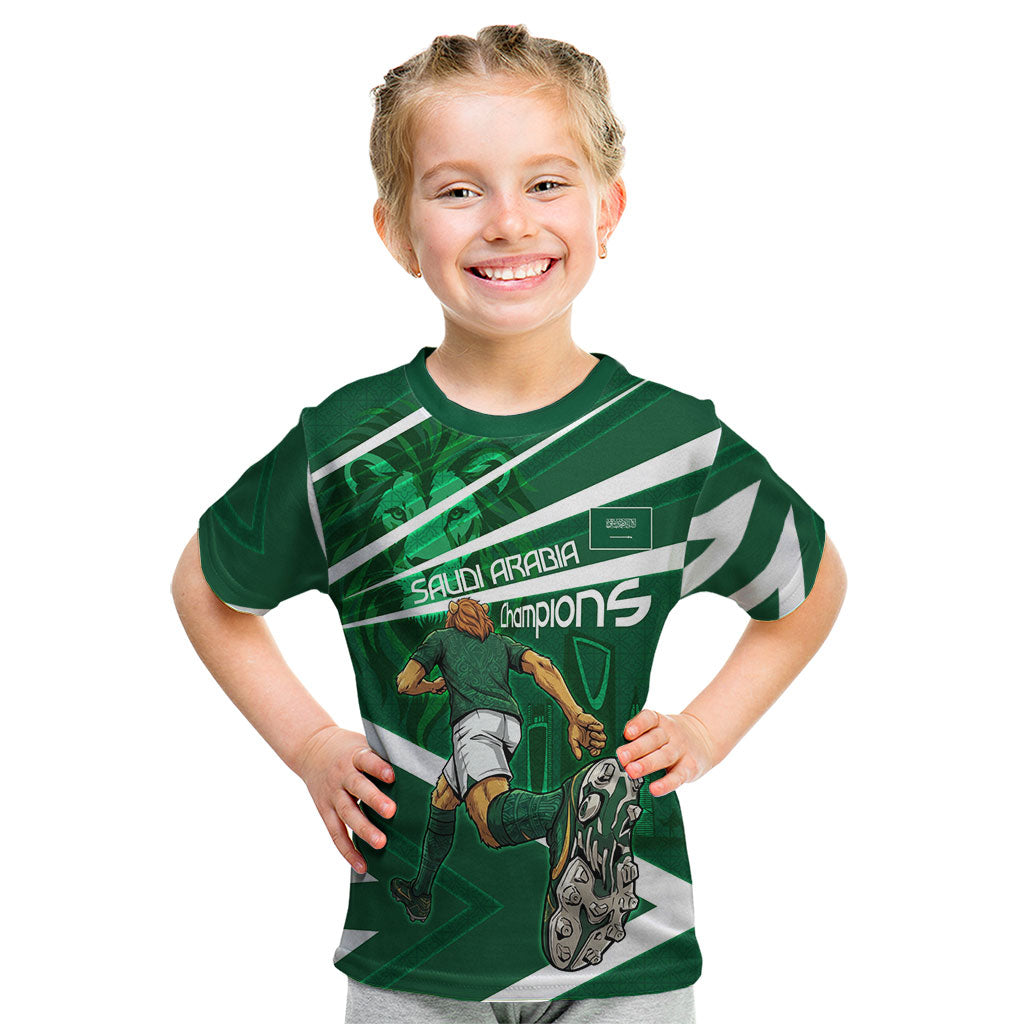 Personalized Saudi Arabia Football Kid T Shirt Green Lion Run of Champions