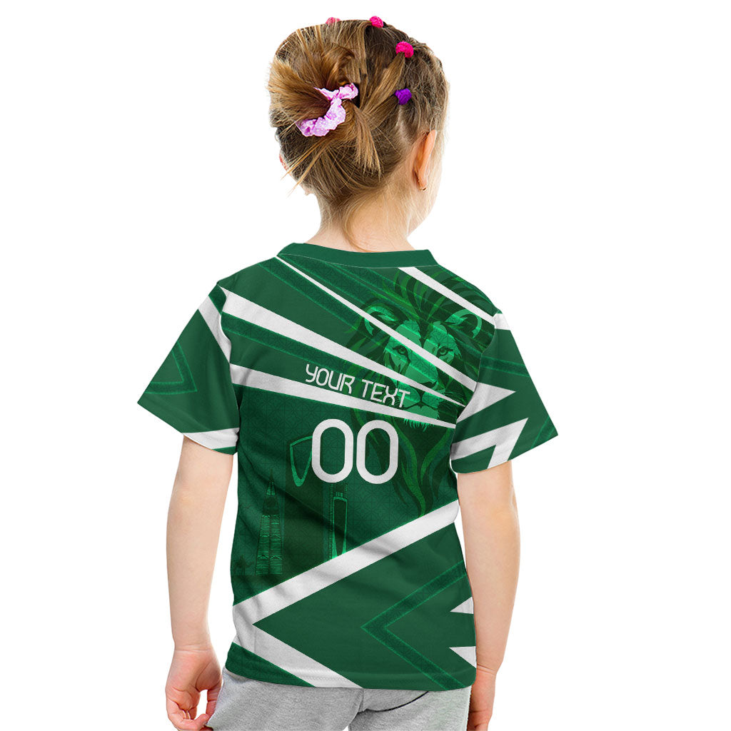 Personalized Saudi Arabia Football Kid T Shirt Green Lion Run of Champions