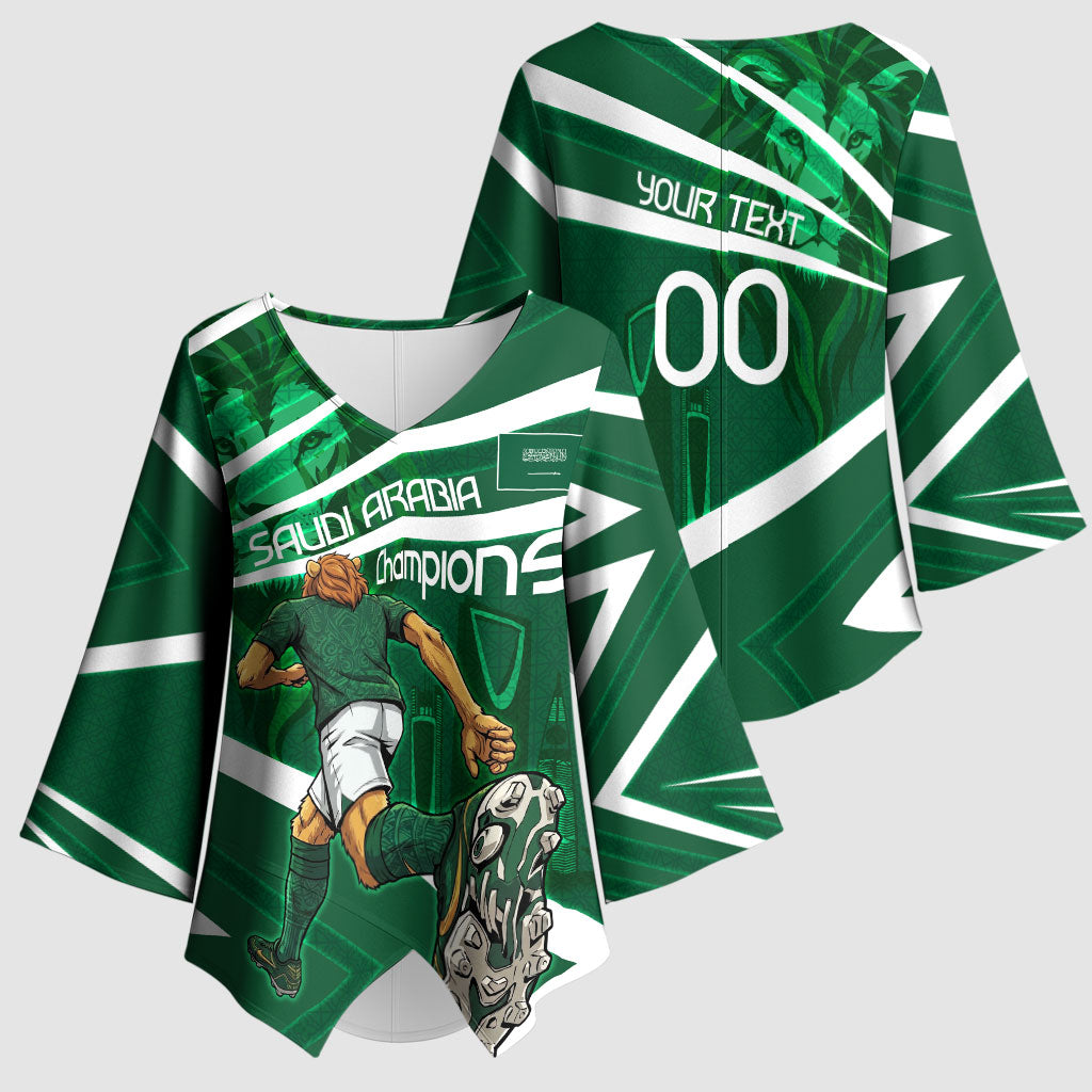 Personalized Saudi Arabia Football Kimono Sleeve Blouse Green Lion Run of Champions