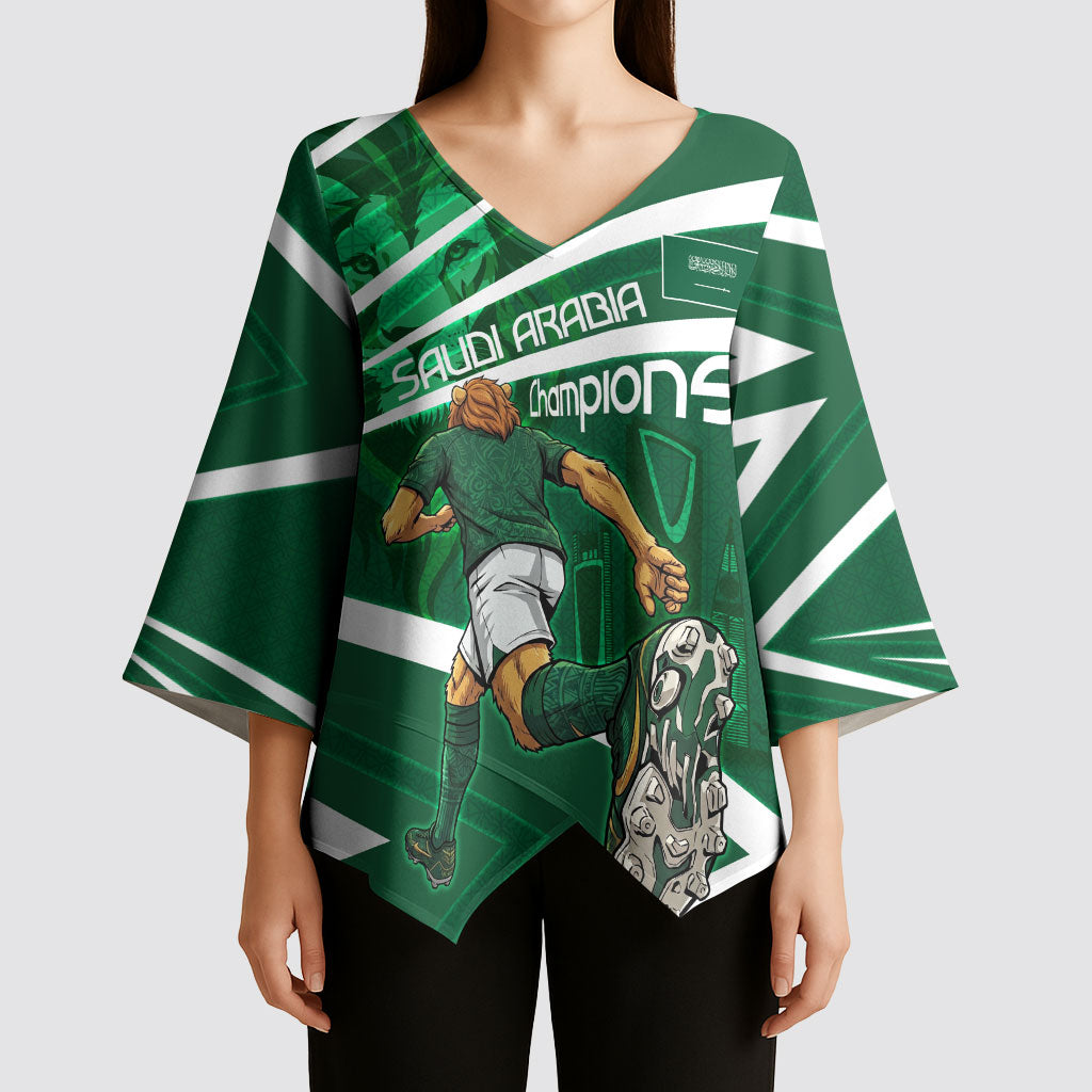 Personalized Saudi Arabia Football Kimono Sleeve Blouse Green Lion Run of Champions