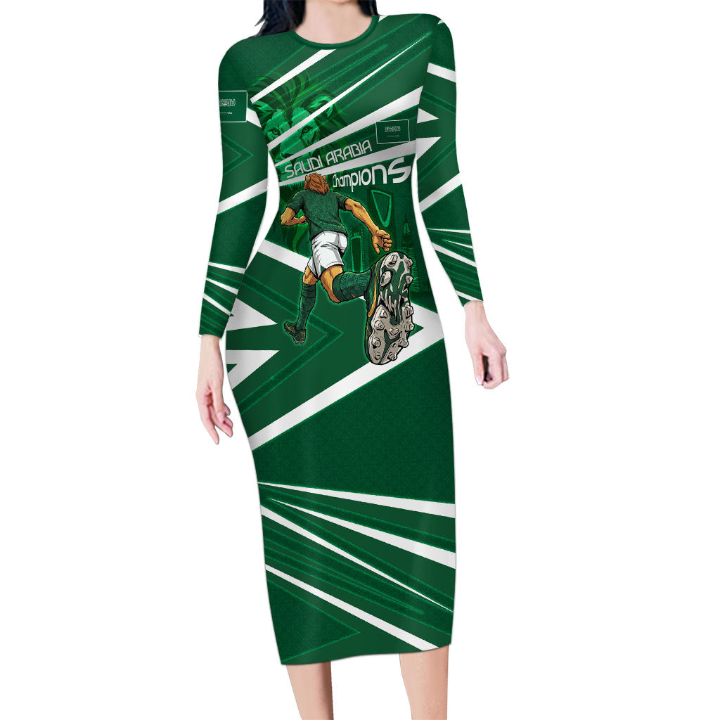 Personalized Saudi Arabia Football Long Sleeve Bodycon Dress Green Lion Run of Champions