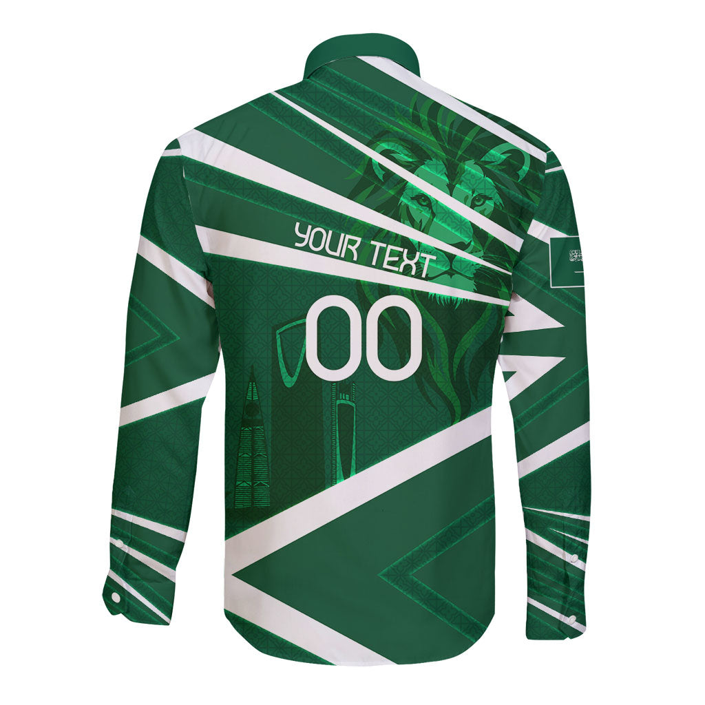 Personalized Saudi Arabia Football Long Sleeve Button Shirt Green Lion Run of Champions
