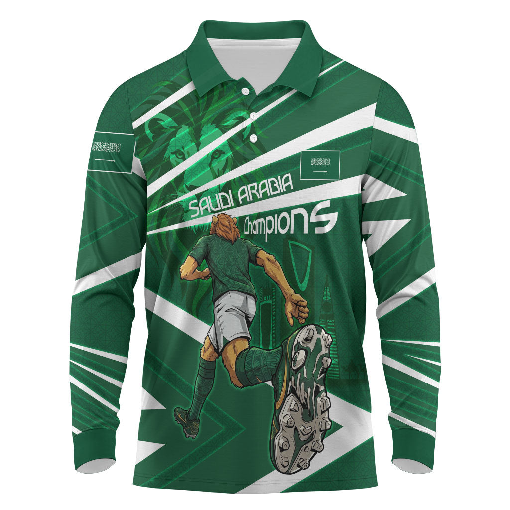 Personalized Saudi Arabia Football Long Sleeve Polo Shirt Green Lion Run of Champions