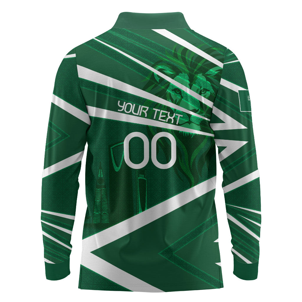 Personalized Saudi Arabia Football Long Sleeve Polo Shirt Green Lion Run of Champions