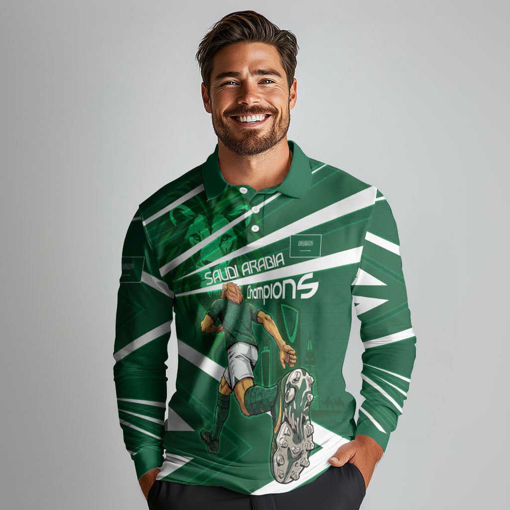 Personalized Saudi Arabia Football Long Sleeve Polo Shirt Green Lion Run of Champions