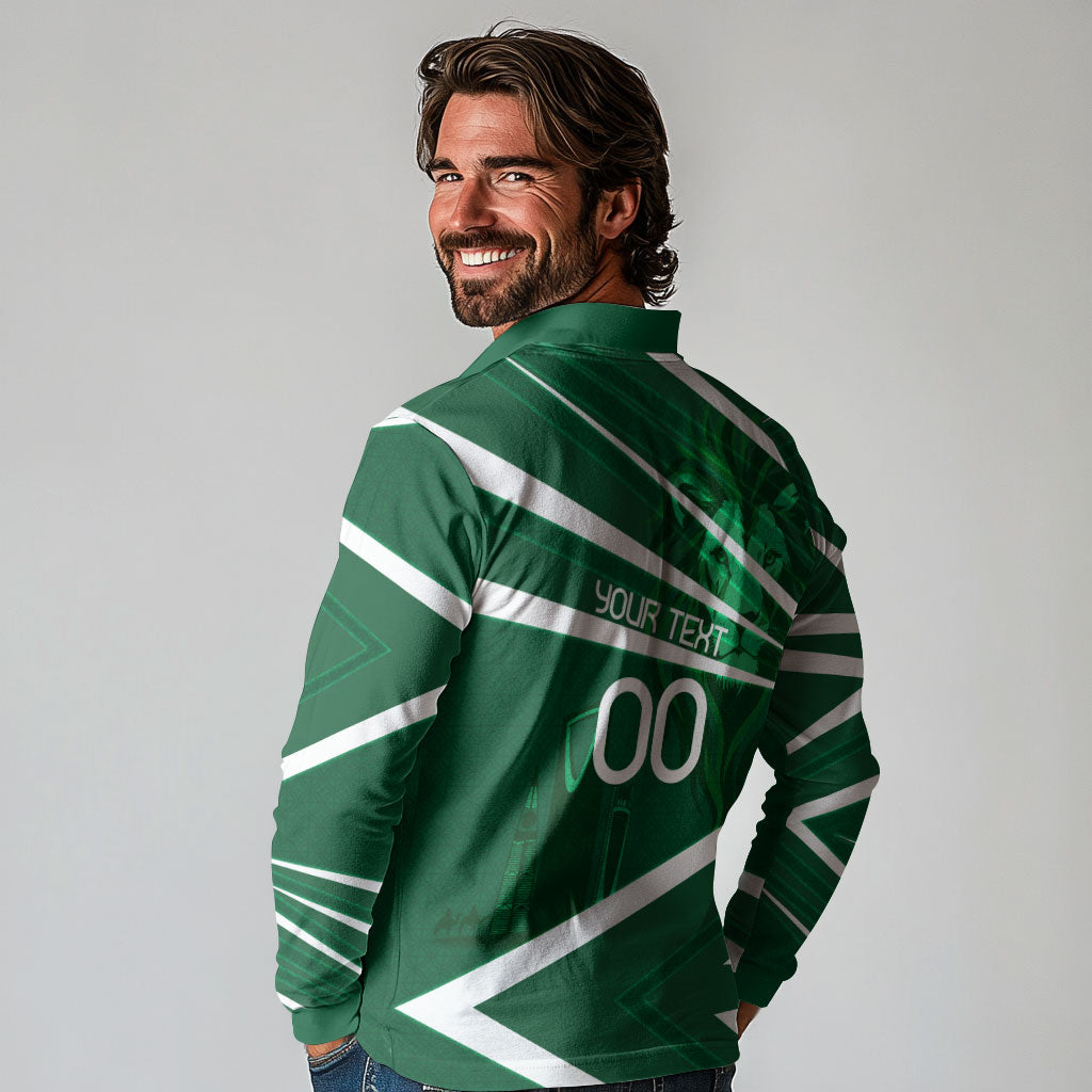 Personalized Saudi Arabia Football Long Sleeve Polo Shirt Green Lion Run of Champions