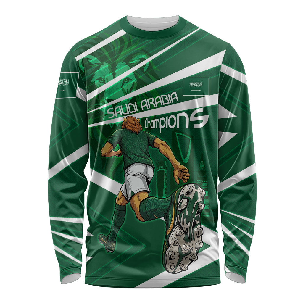 Personalized Saudi Arabia Football Long Sleeve Shirt Green Lion Run of Champions