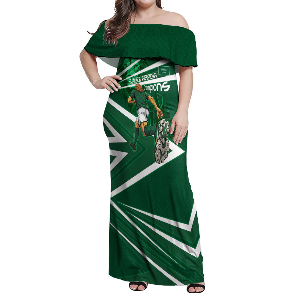 Personalized Saudi Arabia Football Off Shoulder Maxi Dress Green Lion Run of Champions