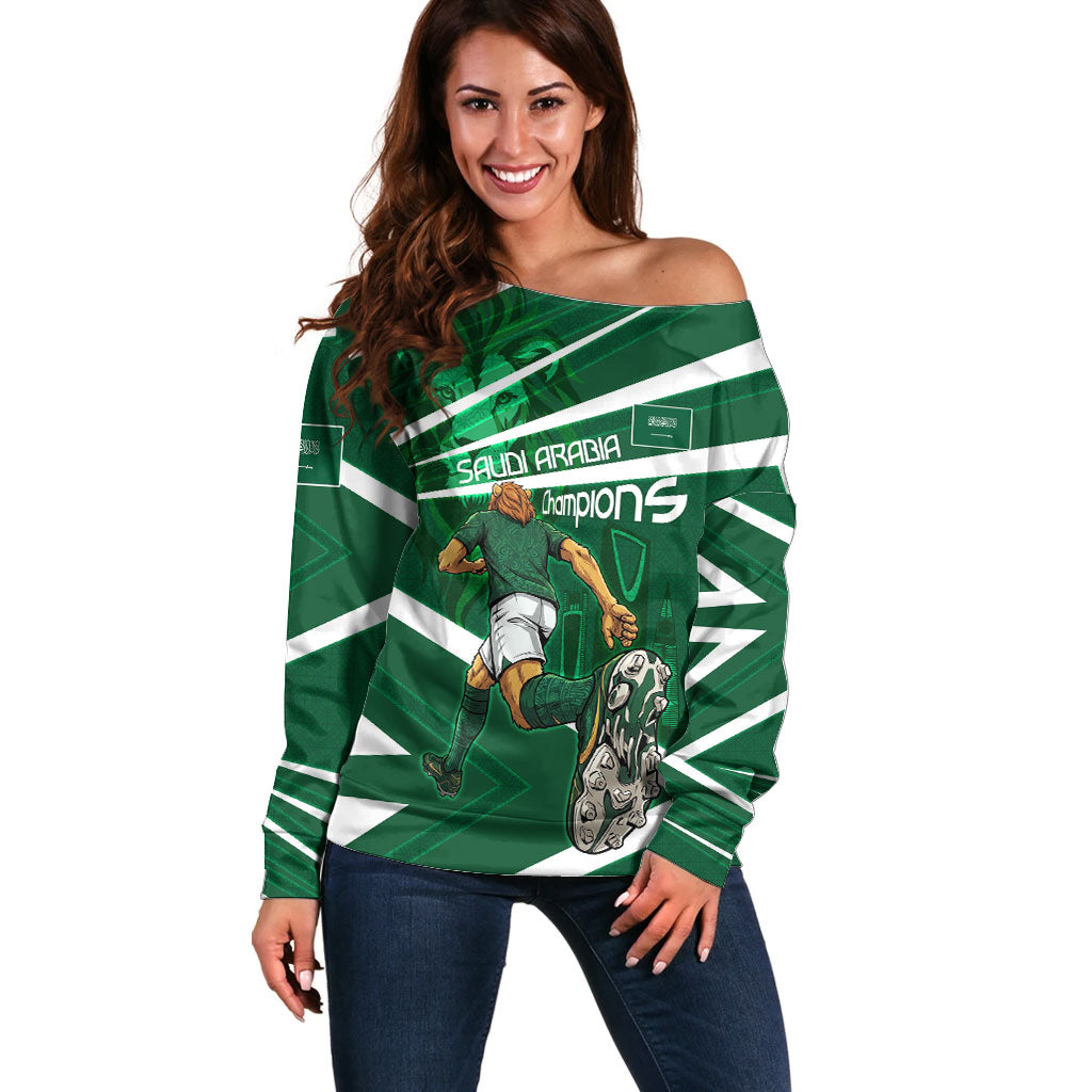 Personalized Saudi Arabia Football Off Shoulder Sweater Green Lion Run of Champions