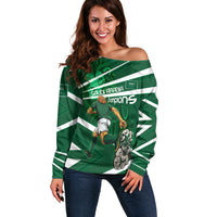 Personalized Saudi Arabia Football Off Shoulder Sweater Green Lion Run of Champions