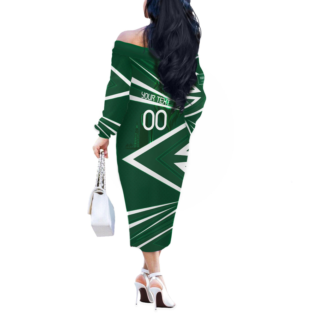 Personalized Saudi Arabia Football Off The Shoulder Long Sleeve Dress Green Lion Run of Champions