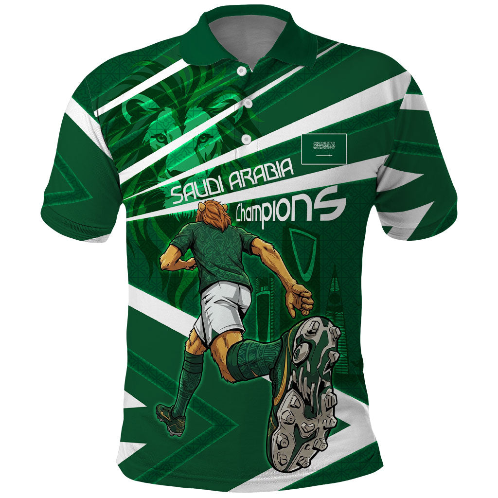 Personalized Saudi Arabia Football Polo Shirt Green Lion Run of Champions