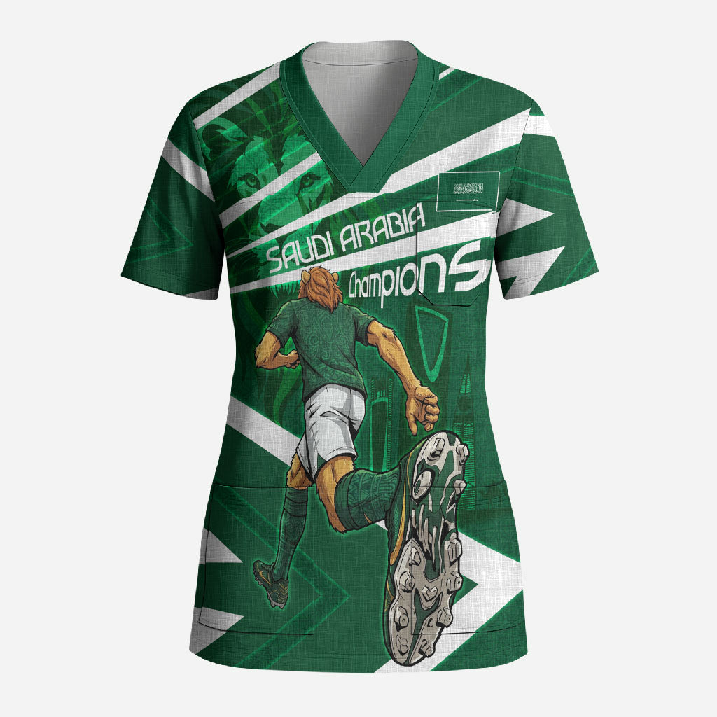 Personalized Saudi Arabia Football Scrub Top Green Lion Run of Champions