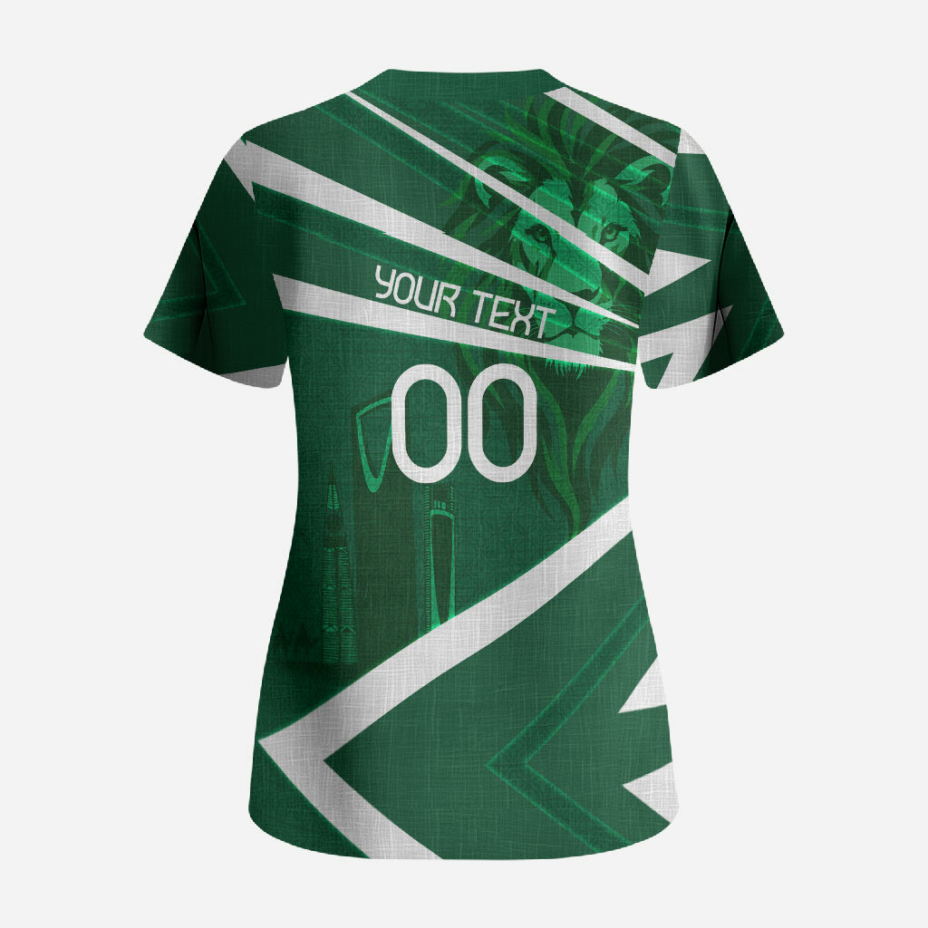 Personalized Saudi Arabia Football Scrub Top Green Lion Run of Champions