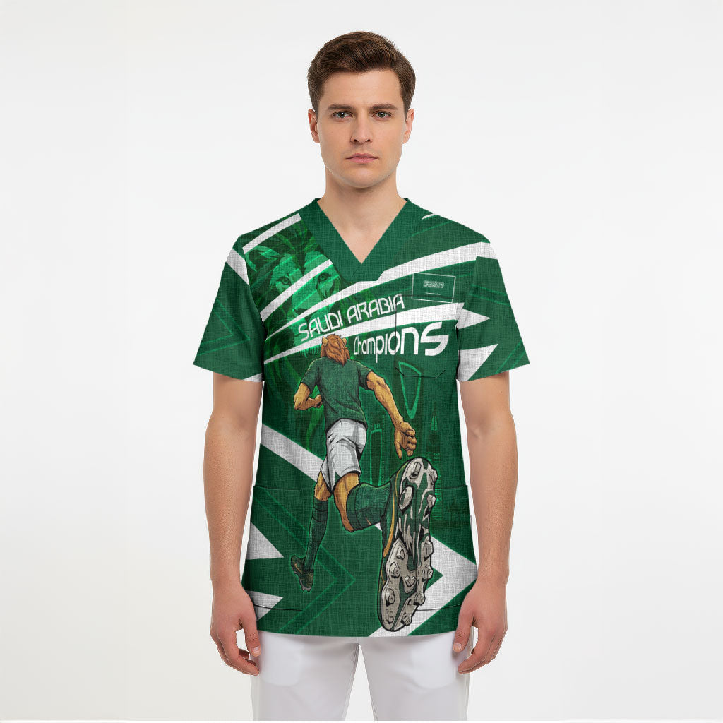 Personalized Saudi Arabia Football Scrub Top Green Lion Run of Champions