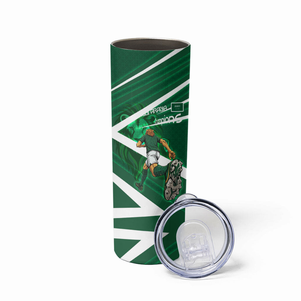 Personalized Saudi Arabia Football Skinny Tumbler Green Lion Run of Champions