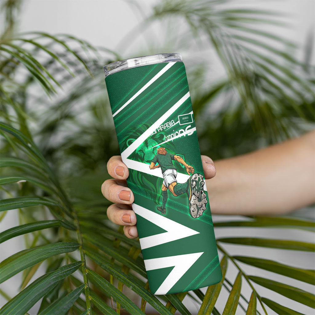 Personalized Saudi Arabia Football Skinny Tumbler Green Lion Run of Champions