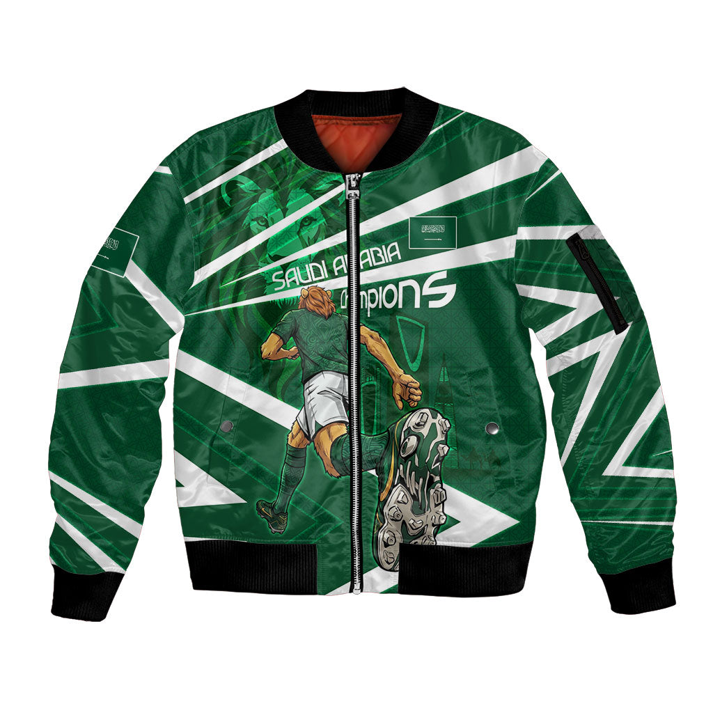 Personalized Saudi Arabia Football Sleeve Zip Bomber Jacket Green Lion Run of Champions
