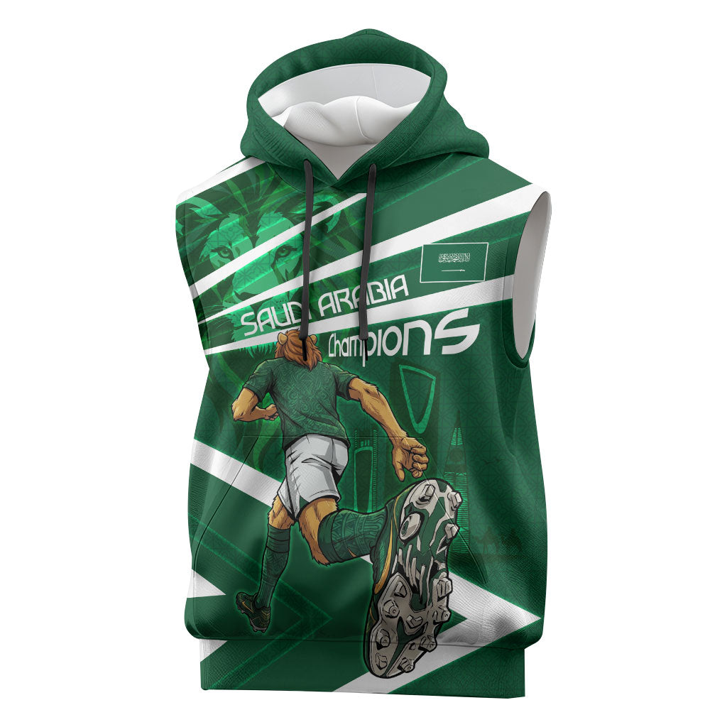 Personalized Saudi Arabia Football Sleeveless Hoodie Green Lion Run of Champions