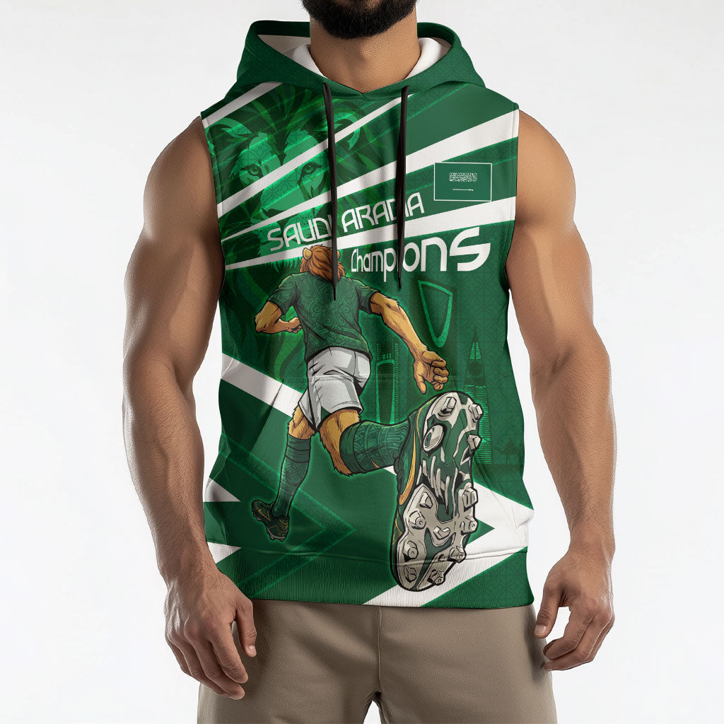 Personalized Saudi Arabia Football Sleeveless Hoodie Green Lion Run of Champions