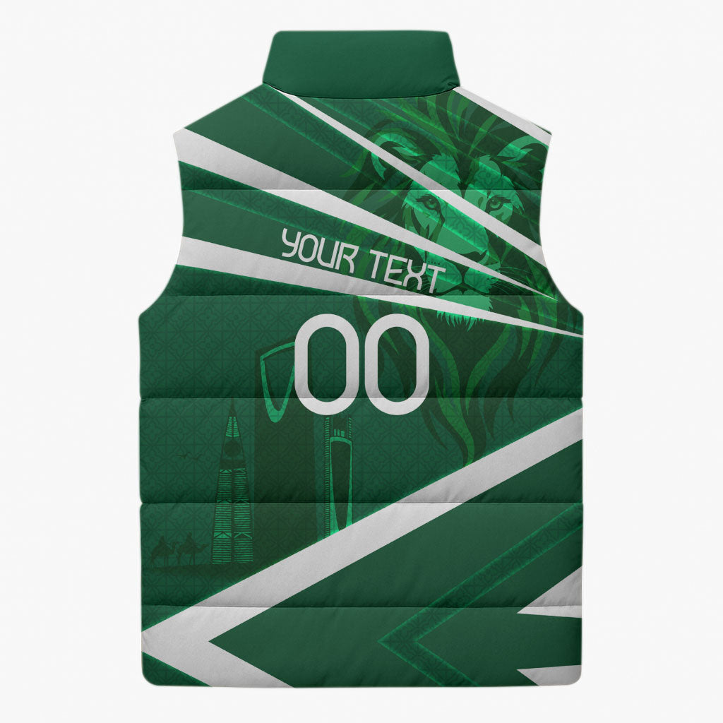 Personalized Saudi Arabia Football Sleeveless Puffer Jacket Green Lion Run of Champions