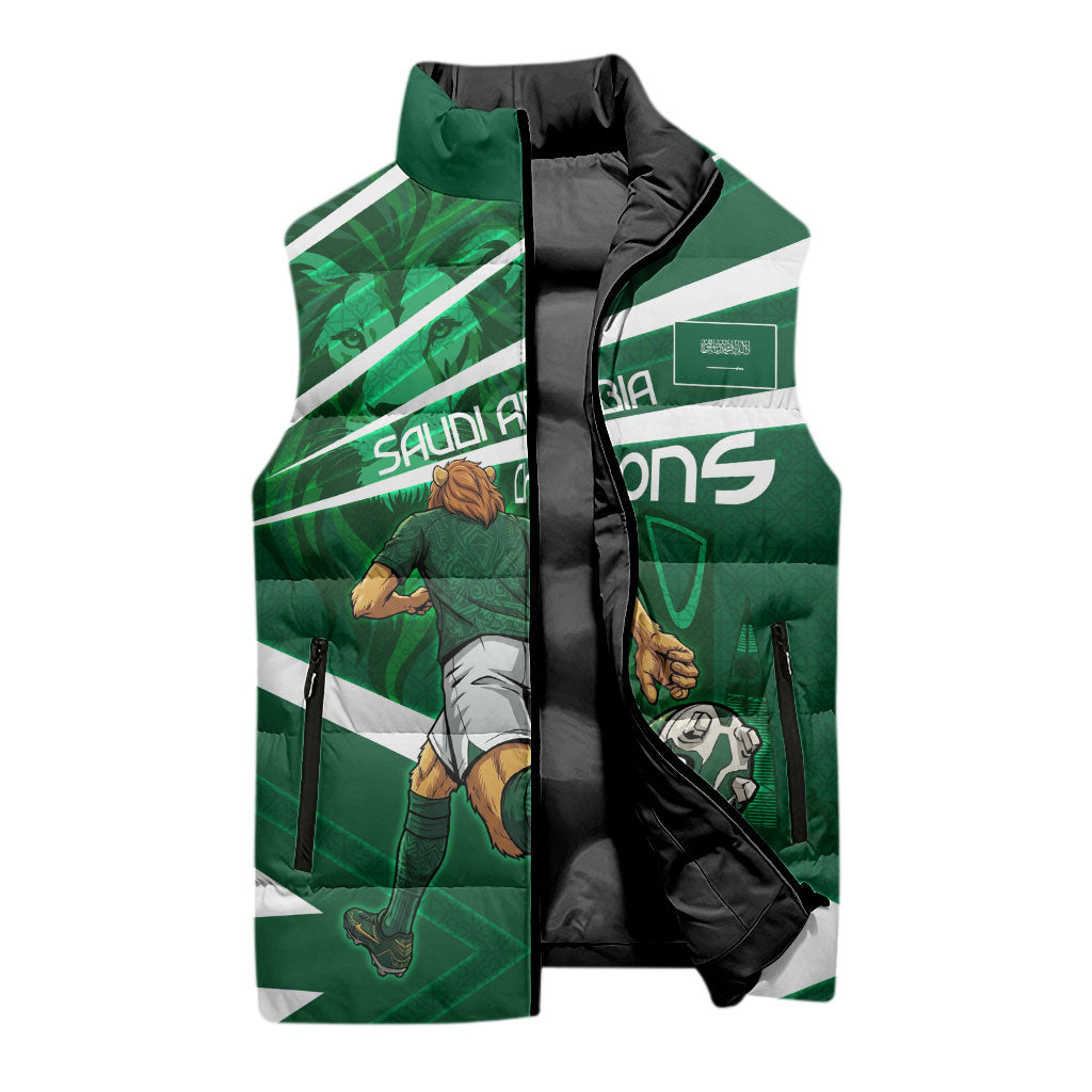 Personalized Saudi Arabia Football Sleeveless Puffer Jacket Green Lion Run of Champions