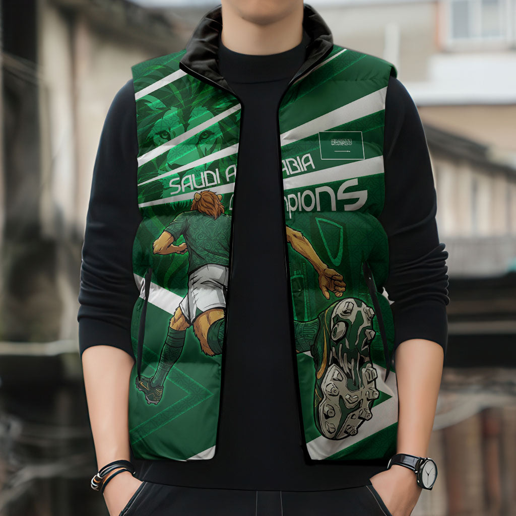 Personalized Saudi Arabia Football Sleeveless Puffer Jacket Green Lion Run of Champions
