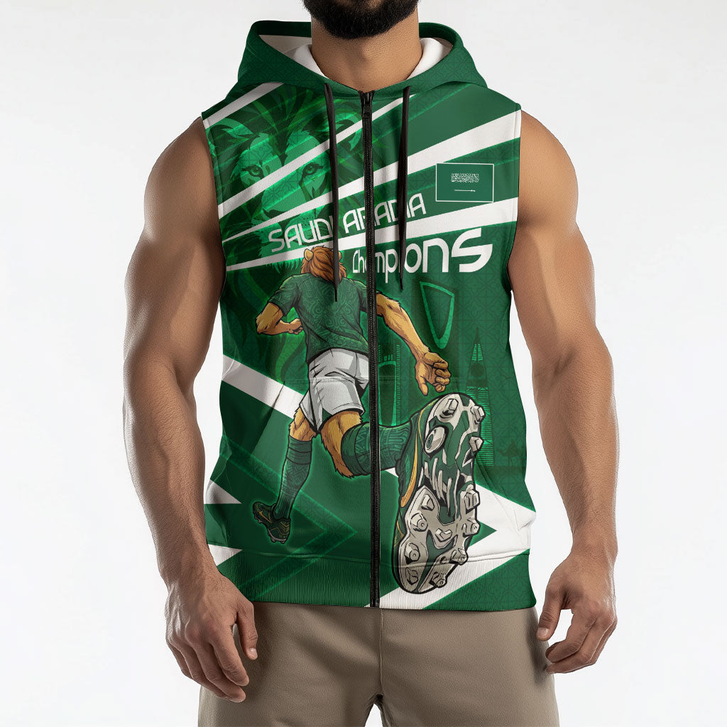 Personalized Saudi Arabia Football Sleeveless Zip Hoodie Green Lion Run of Champions