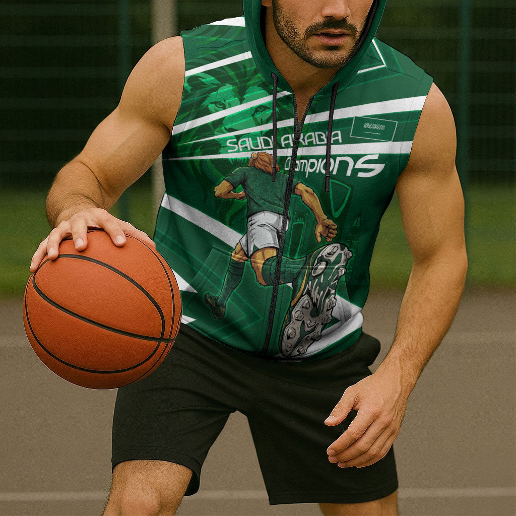 Personalized Saudi Arabia Football Sleeveless Zip Hoodie Green Lion Run of Champions