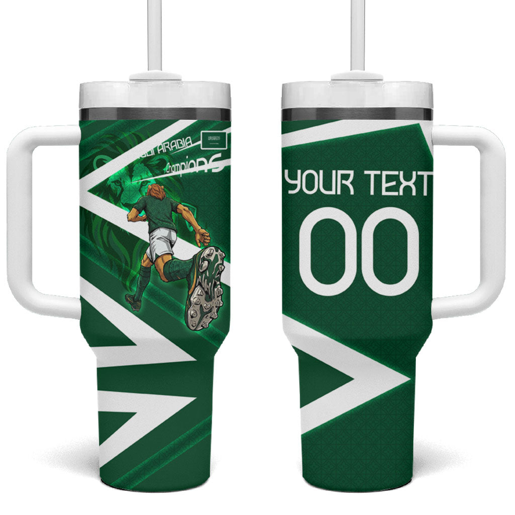 Personalized Saudi Arabia Football Tumbler With Handle Green Lion Run of Champions