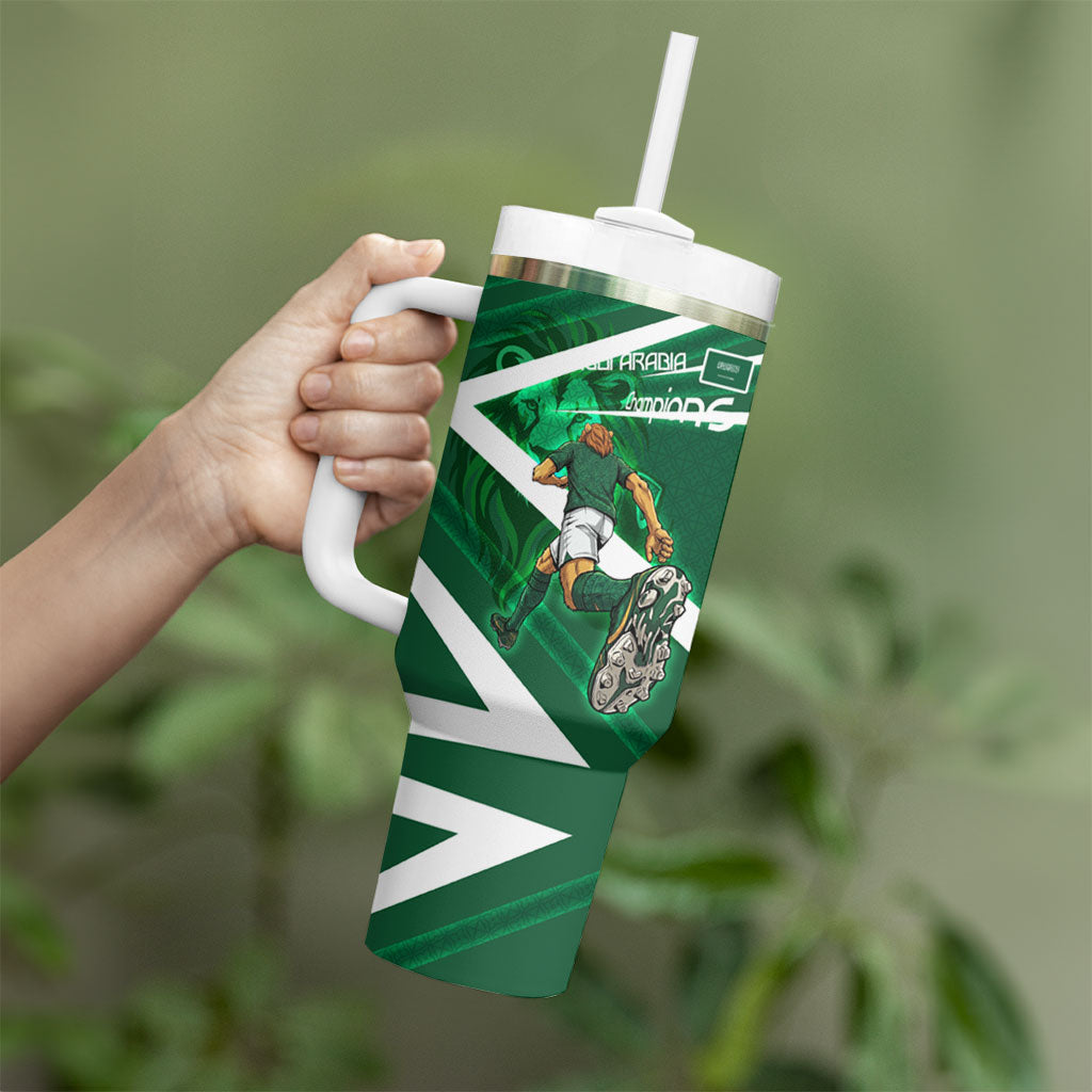Personalized Saudi Arabia Football Tumbler With Handle Green Lion Run of Champions