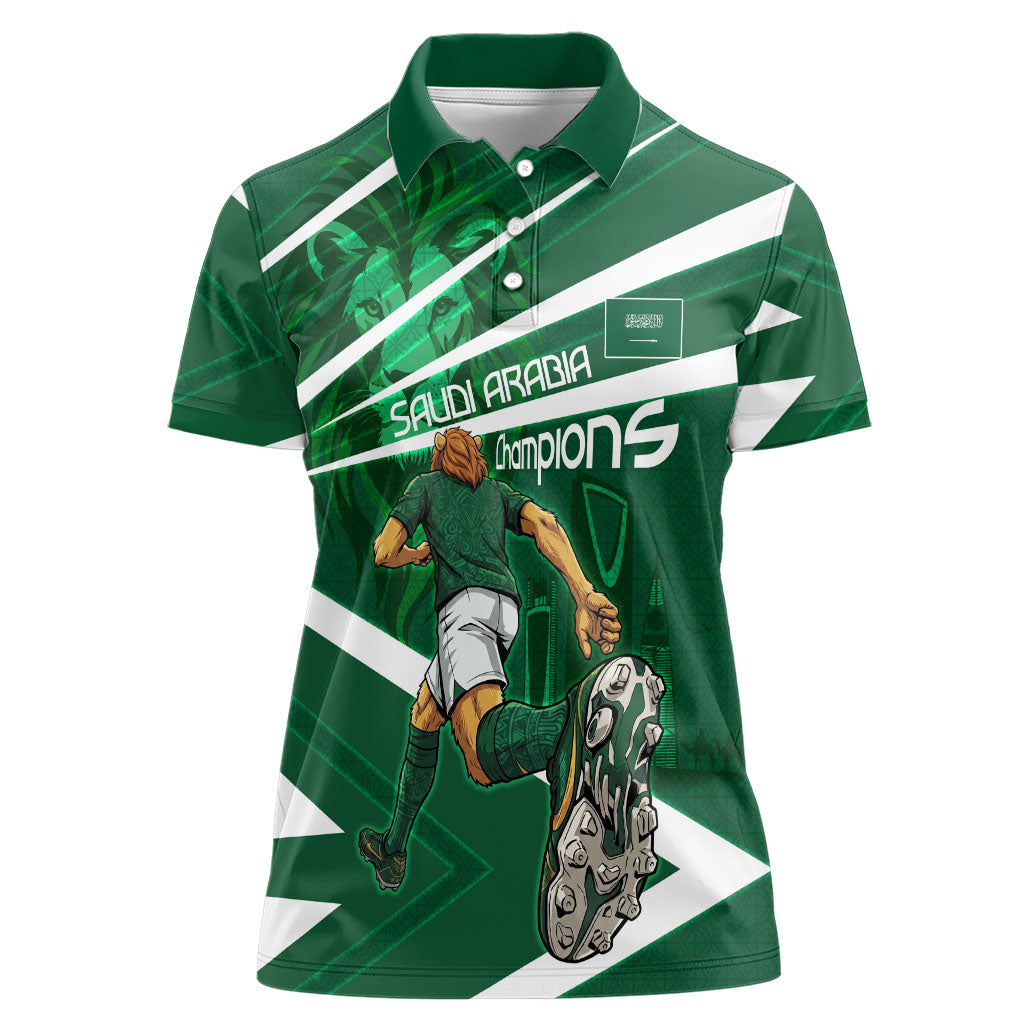 Personalized Saudi Arabia Football Women Polo Shirt Green Lion Run of Champions