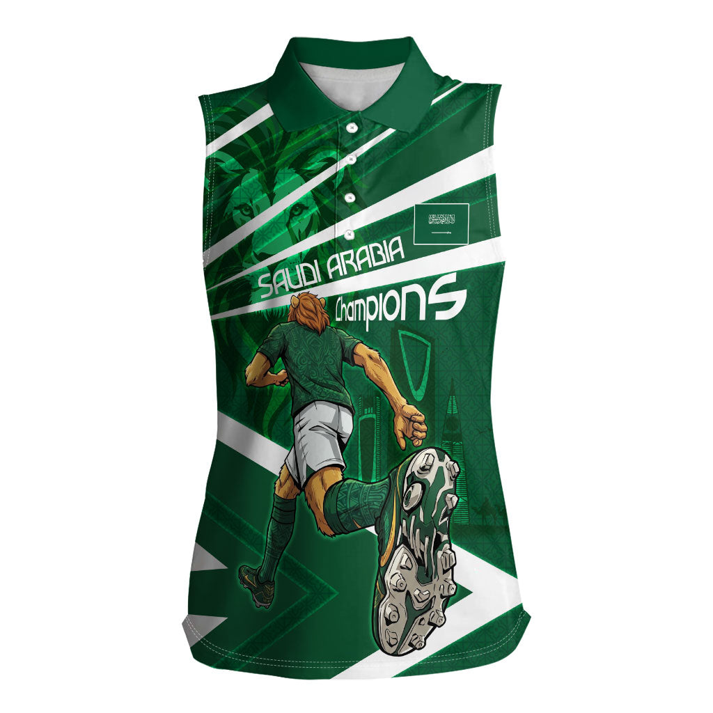 Personalized Saudi Arabia Football Women Sleeveless Polo Shirt Green Lion Run of Champions