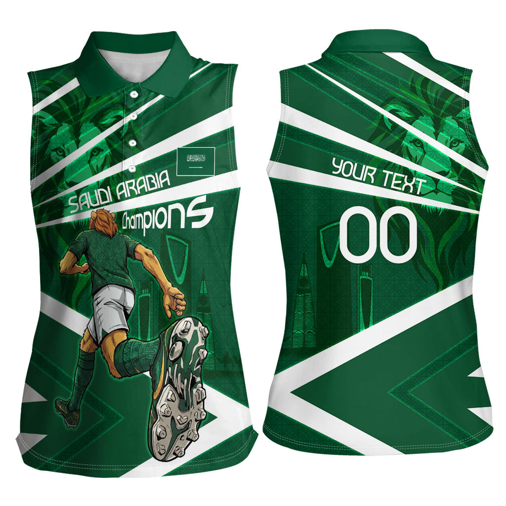 Personalized Saudi Arabia Football Women Sleeveless Polo Shirt Green Lion Run of Champions