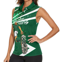 Personalized Saudi Arabia Football Women Sleeveless Polo Shirt Green Lion Run of Champions