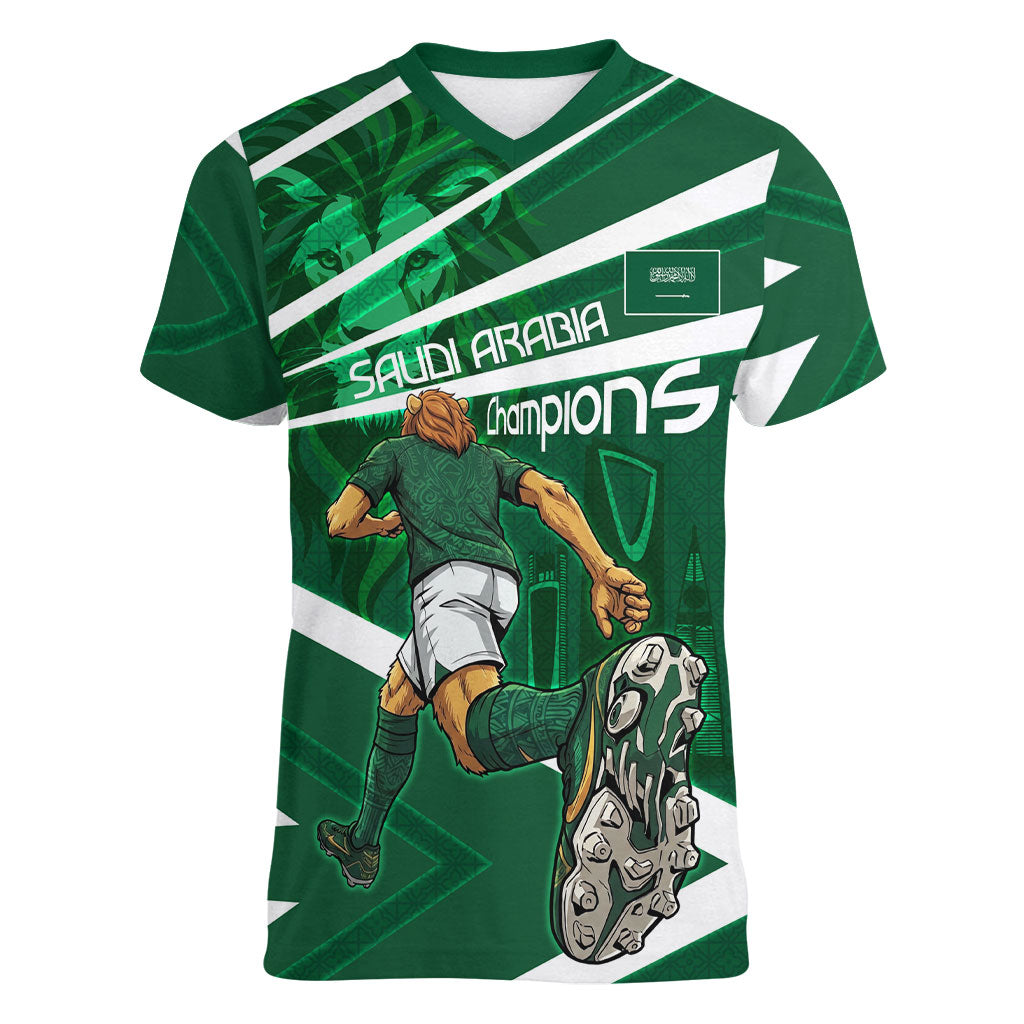 Personalized Saudi Arabia Football Women V-Neck T-Shirt Green Lion Run of Champions