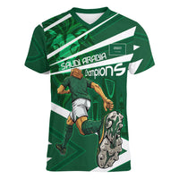 Personalized Saudi Arabia Football Women V-Neck T-Shirt Green Lion Run of Champions