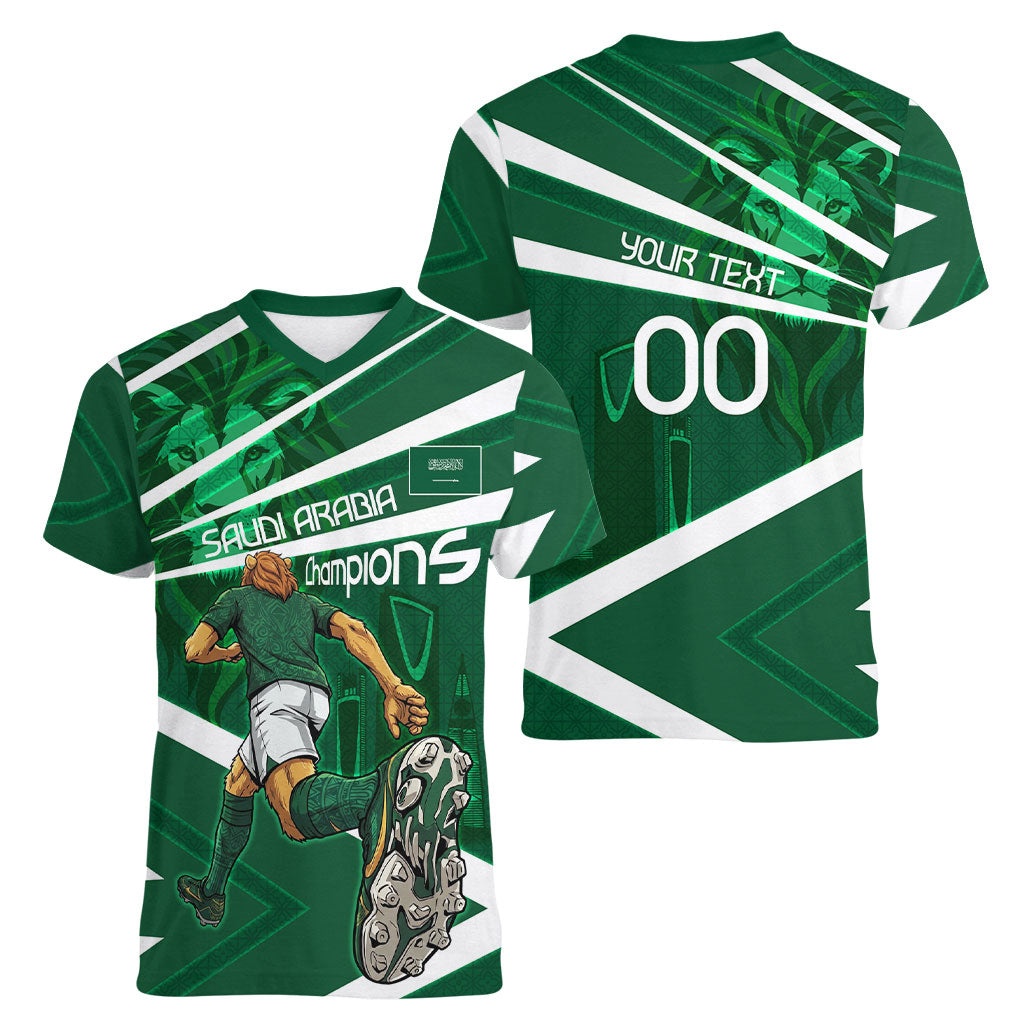 Personalized Saudi Arabia Football Women V-Neck T-Shirt Green Lion Run of Champions