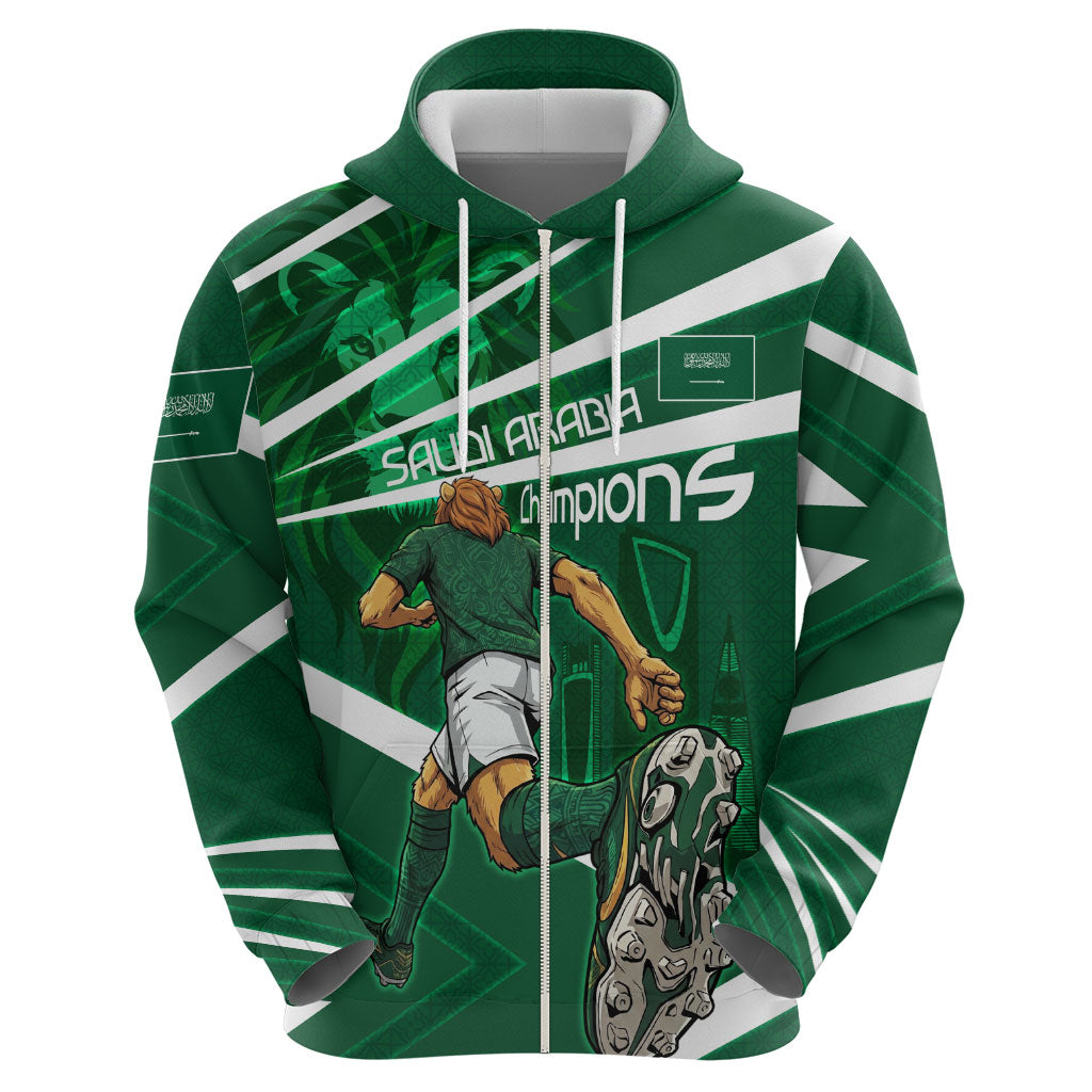 Personalized Saudi Arabia Football Zip Hoodie Green Lion Run of Champions