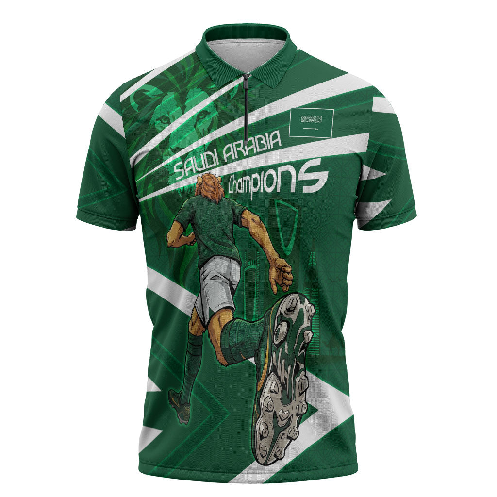 Personalized Saudi Arabia Football Zipper Polo Shirt Green Lion Run of Champions