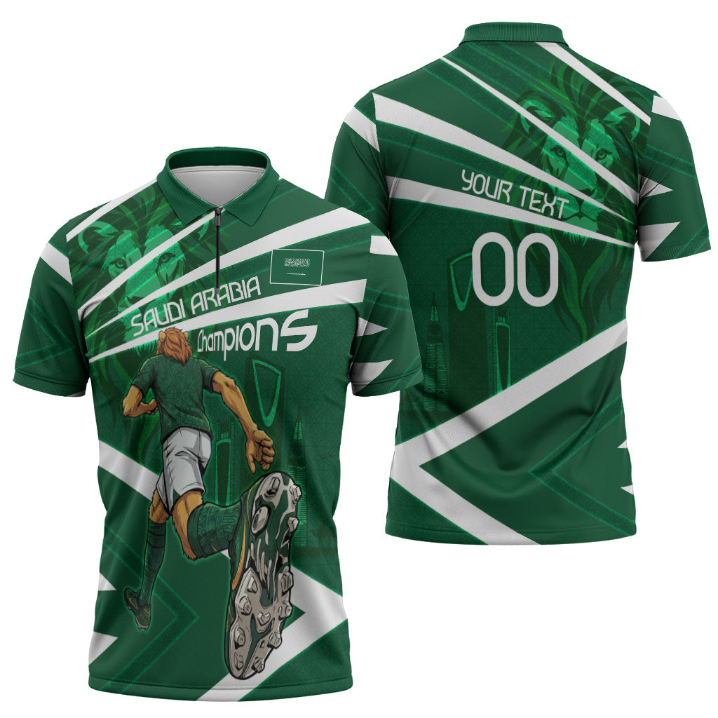 Personalized Saudi Arabia Football Zipper Polo Shirt Green Lion Run of Champions