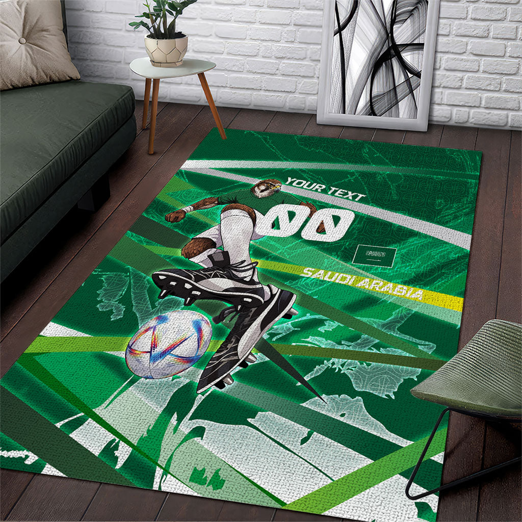 Personalized Saudi Arabia Football Area Rug Green Falcon National Pride Mascot